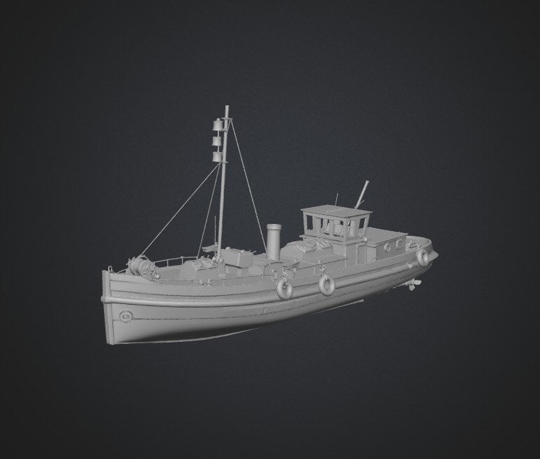 Referans görsel — model: Minyatür Römorkör No.4 · tasarım: Ded Makar (printables). Wefty Design'in kendi baskısının fotoğrafı değildir.