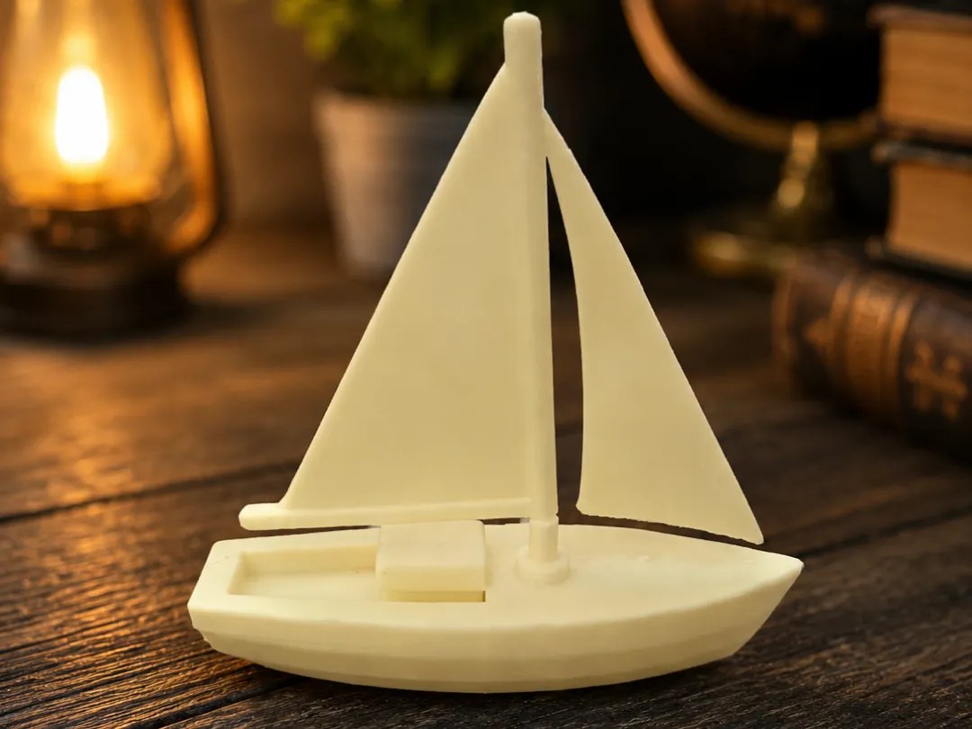 Referans görsel — model: Minyatür Yelkenli No.3 — Klasik · tasarım: Duo3DPrint (printables). Wefty Design'in kendi baskısının fotoğrafı değildir.