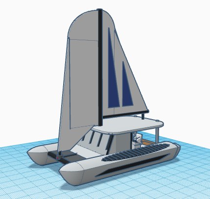 Referans görsel — model: Minyatür Yelkenli No.34 — Katamaran · tasarım: AEJ 3D printing (printables). Wefty Design'in kendi baskısının fotoğrafı değildir.