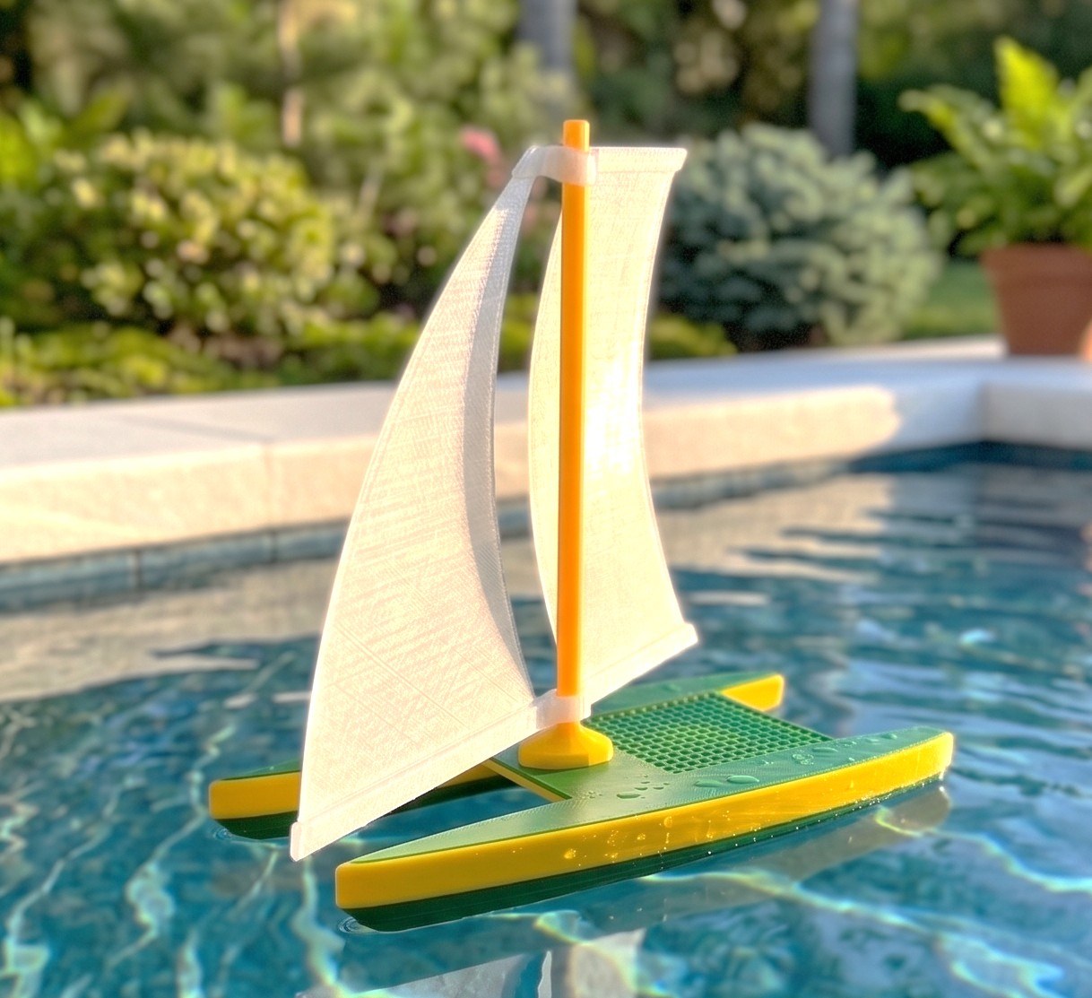 Referans görsel — model: Minyatür Yelkenli No.35 — Katamaran Oyuncak · tasarım: transformat (printables). Wefty Design'in kendi baskısının fotoğrafı değildir.
