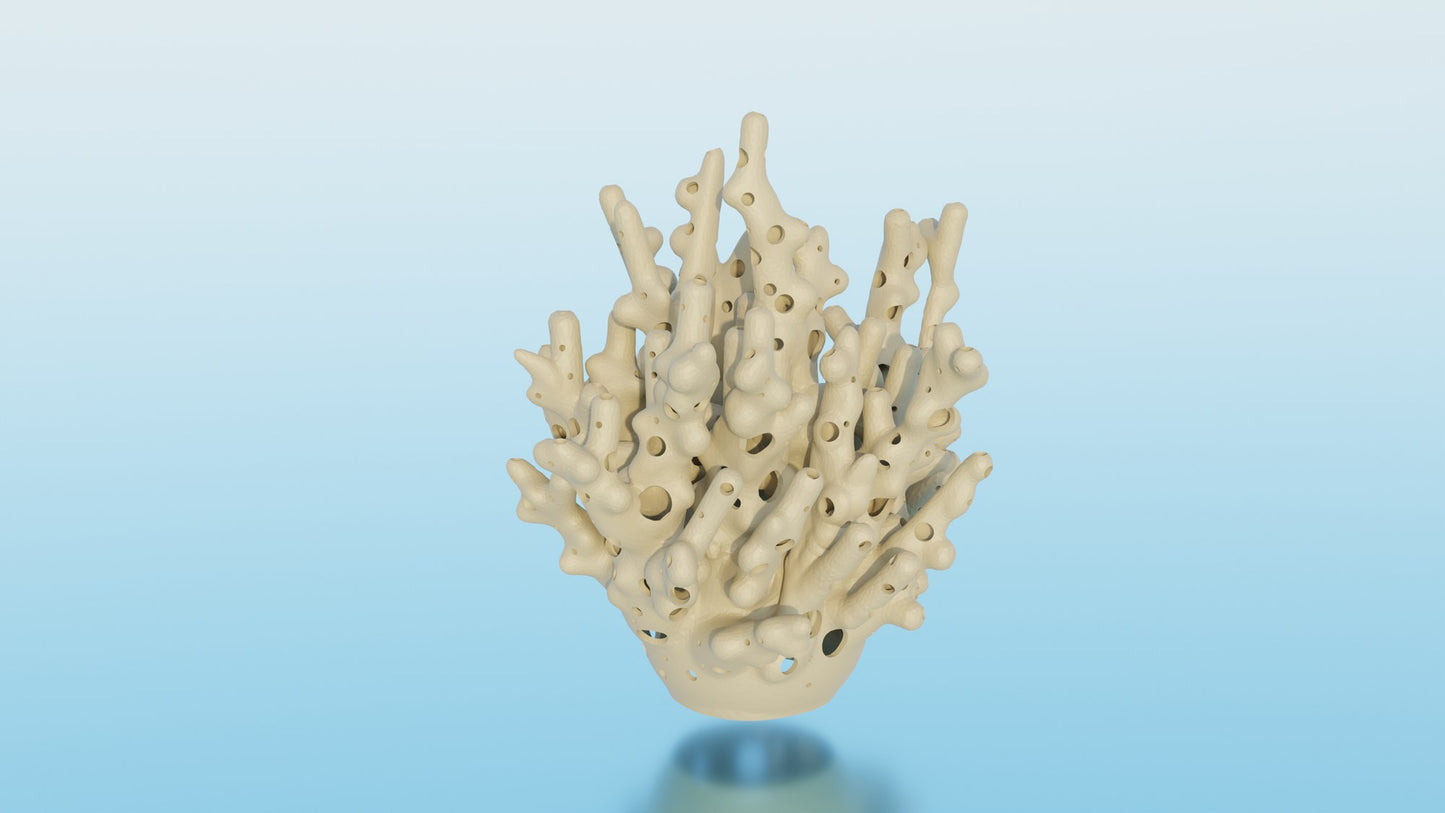 Referans görsel — model: Minyatür Kaya / Mercan No.4 — Kıyı Dokusu · tasarım: Salman 3DP (printables). Wefty Design'in kendi baskısının fotoğrafı değildir.