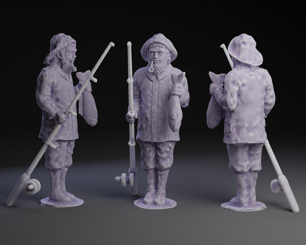 Referans görsel — model: Minyatür Oturan Figür No.3 — Balıkçı · tasarım: Peter Farell (printables). Wefty Design'in kendi baskısının fotoğrafı değildir.