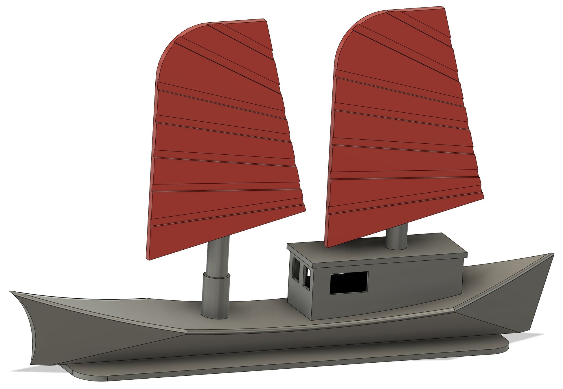 Referans görsel — model: Minyatür Yelkenli No.72 — Çin Yelkenlisi · tasarım: mosselini1 (printables). Wefty Design'in kendi baskısının fotoğrafı değildir.