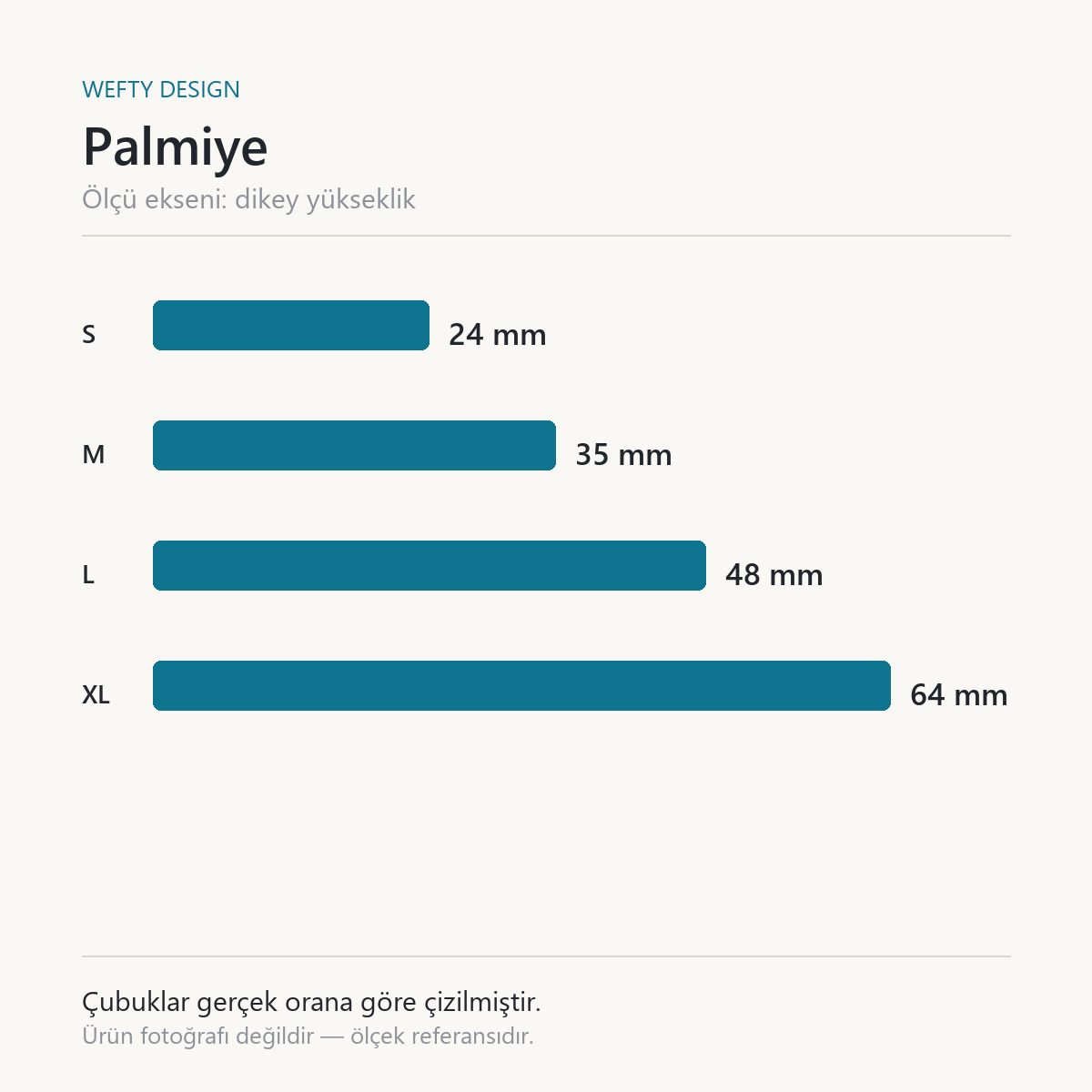 Palmiye ölçek kartı — S 24 mm · M 35 mm · L 48 mm · XL 64 mm